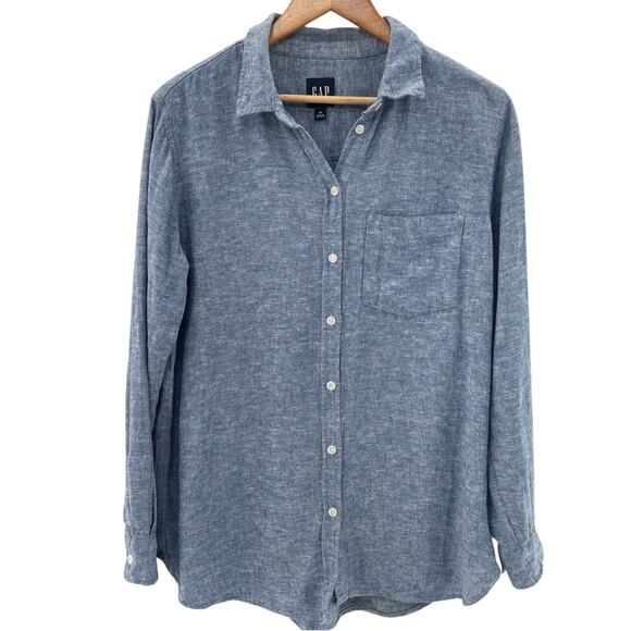 GAP Linen Blend Blue Chambray Relaxed Fit Button Down Shirt Size Medium - Picture 2 of 12
